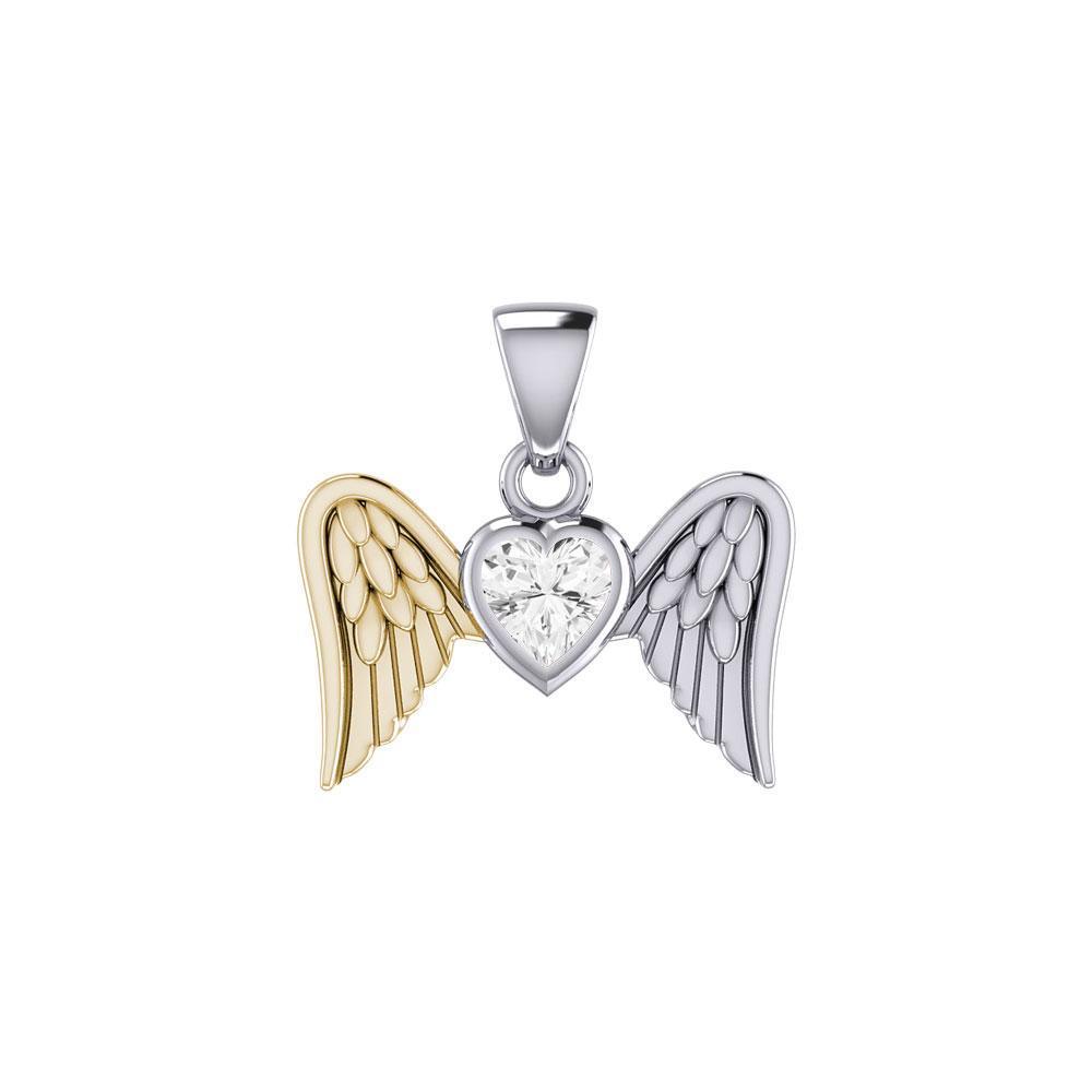 Gemstone Heart and Flying Angel Wings Silver and Gold Pendant MPD5228