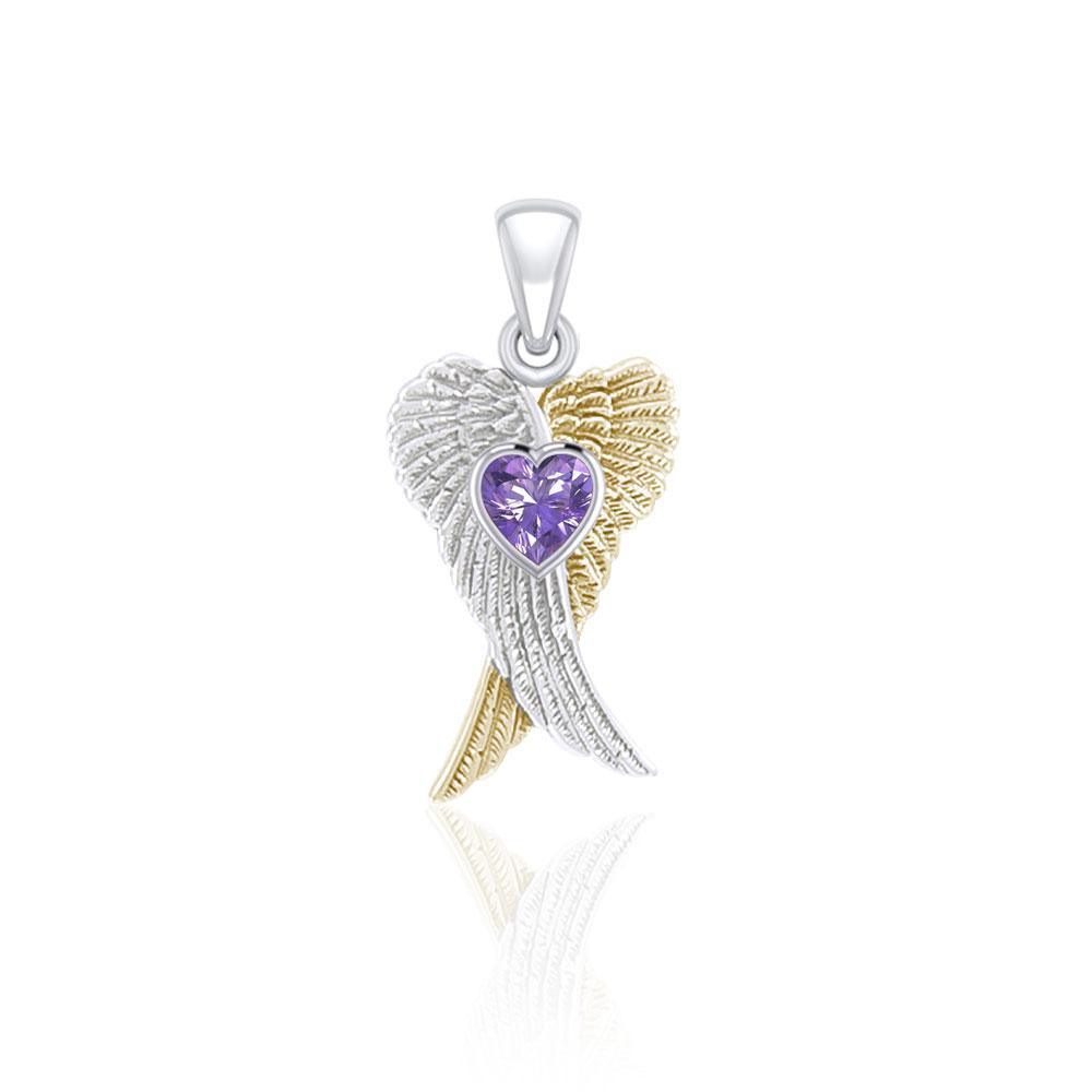 Heart Gemstone and Double Angel Wings Silver and 14K Gold Plate Pendant MPD5229