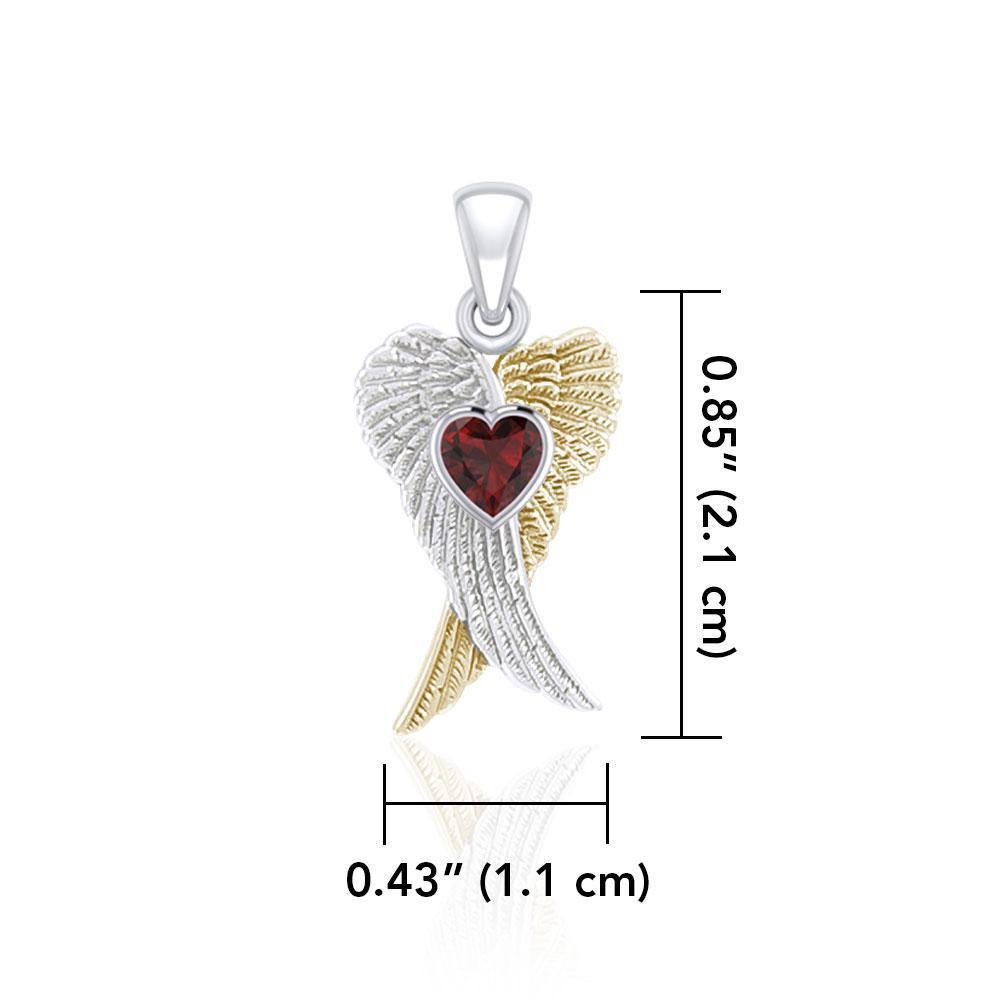 Heart Gemstone and Double Angel Wings Silver and 14K Gold Plate Pendant MPD5229