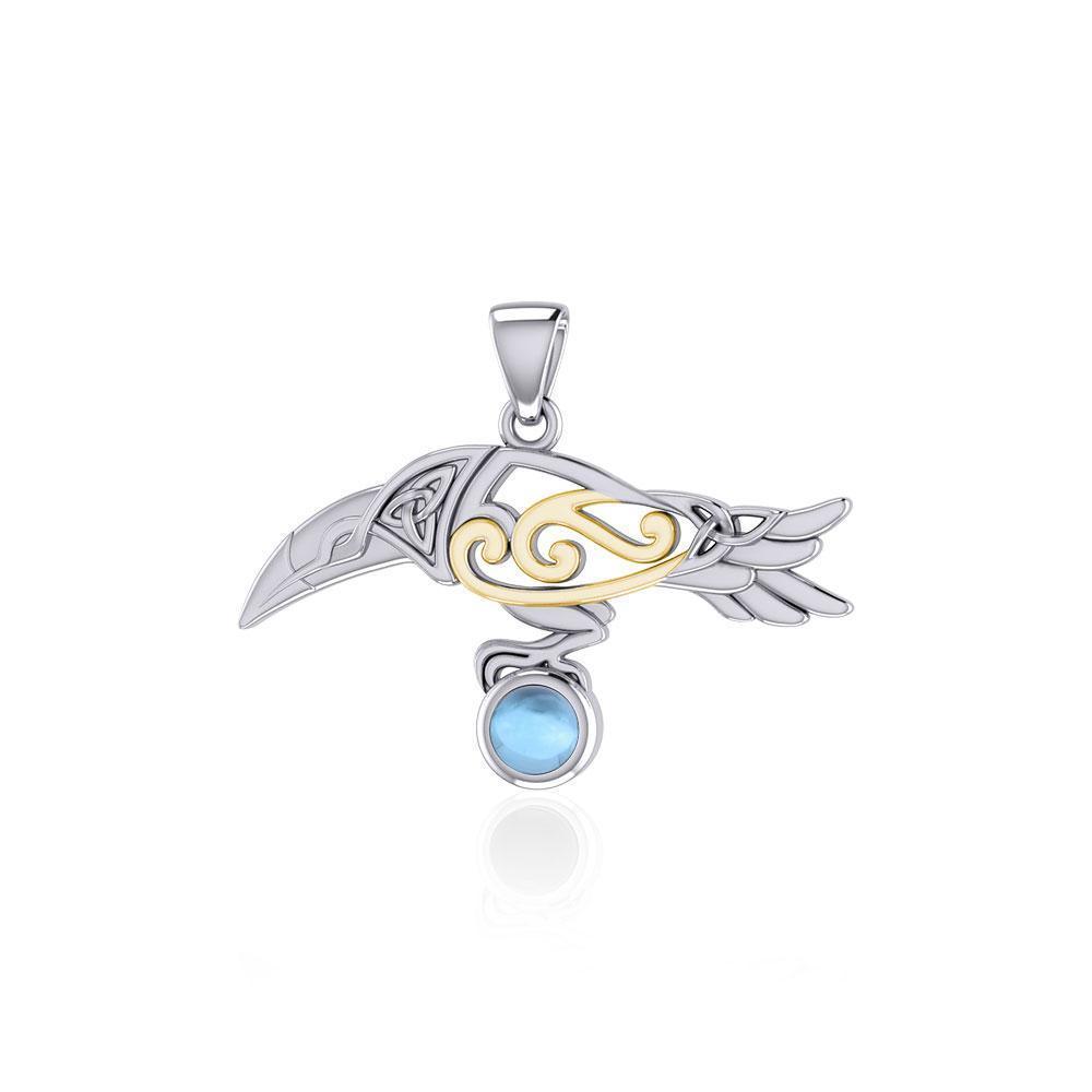 Celtic Spirit Raven with Gemstone Silver and Gold Pendant MPD5252