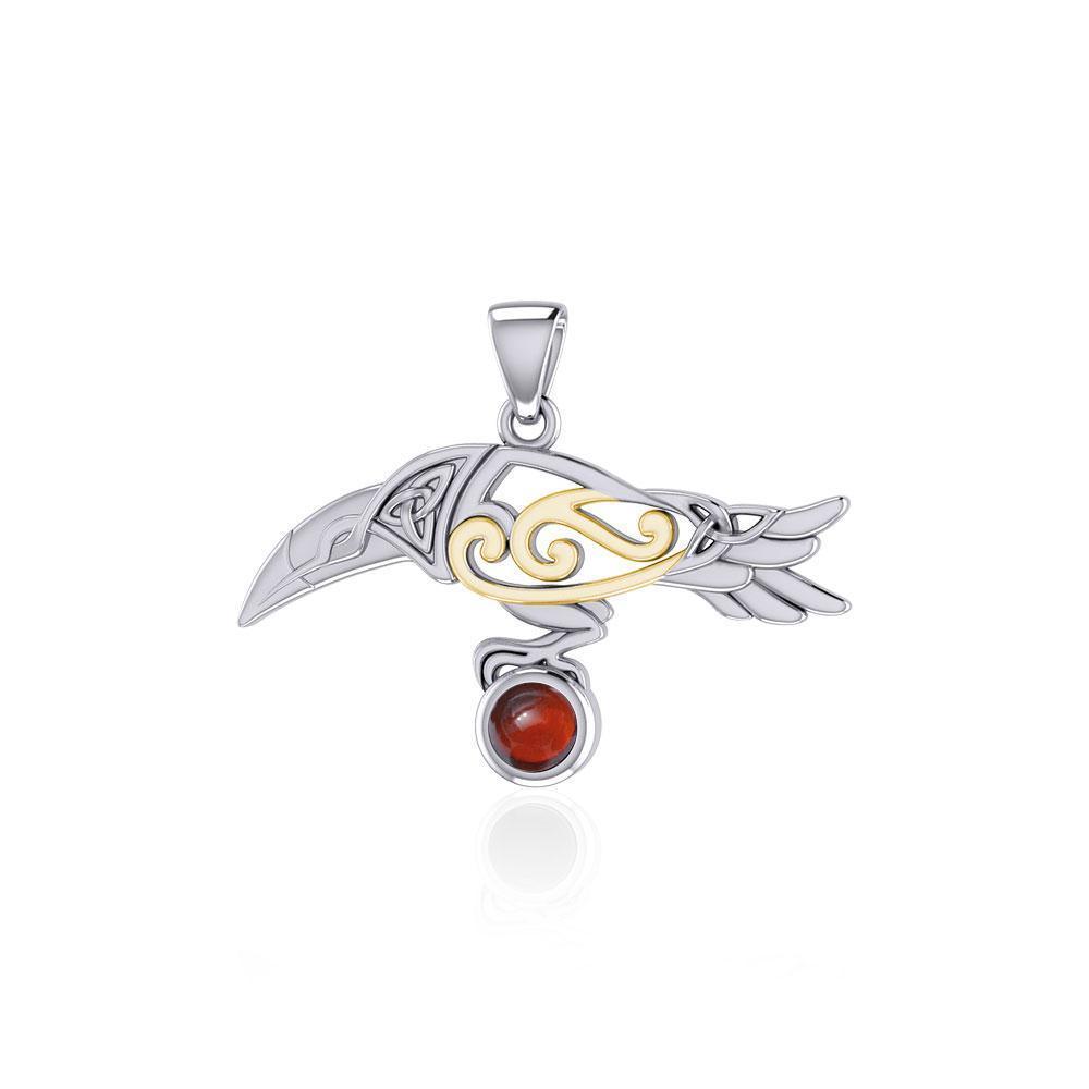 Celtic Spirit Raven with Gemstone Silver and Gold Pendant MPD5252