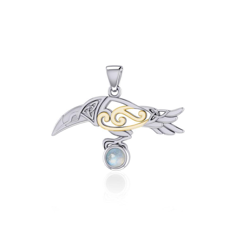 Celtic Spirit Raven with Gemstone Silver and Gold Pendant MPD5252