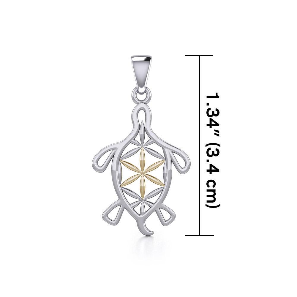 Turtle with Flower of Life Shell Silver and Gold Pendant MPD5271