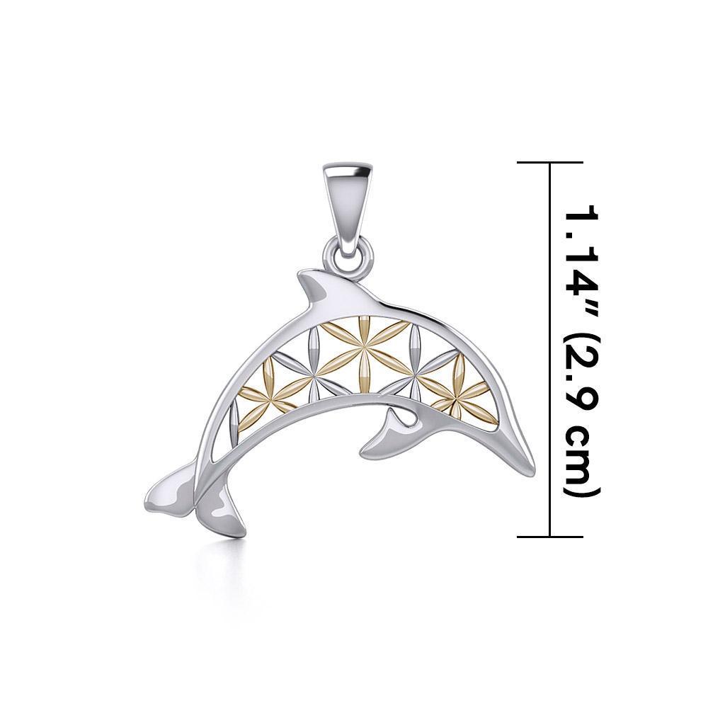 Swimming Dolphin with Flower of Life Silver and Gold Pendant MPD5272