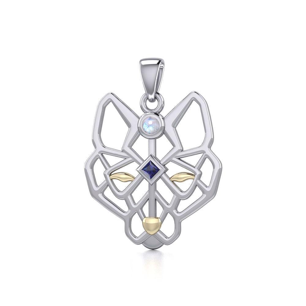 Geometric Wolf Silver and Gold Pendant with Gemstone MPD5276