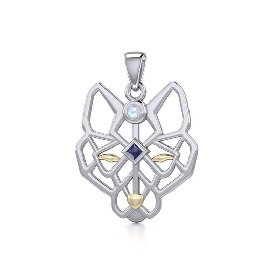Geometric Wolf Silver and Gold Pendant with Gemstone MPD5276