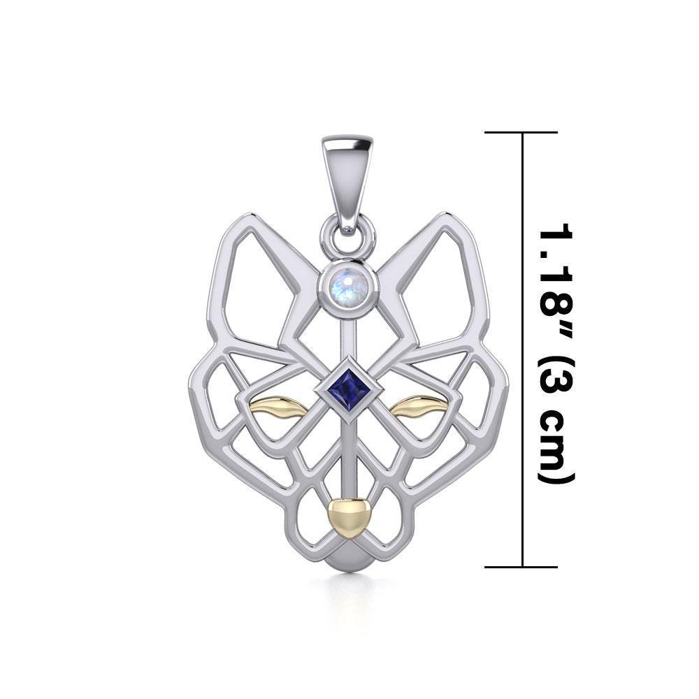 Geometric Wolf Silver and Gold Pendant with Gemstone MPD5276