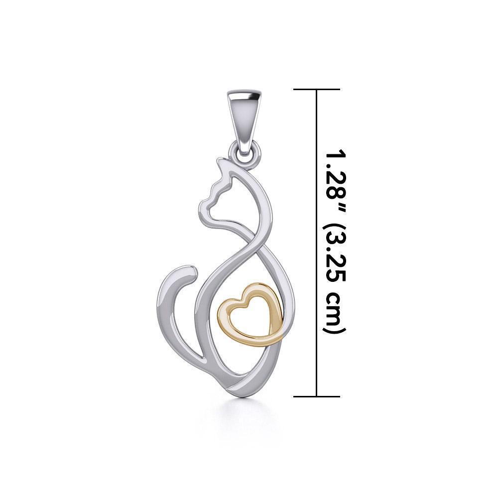 Running Cat with Golden Heart Silver Pendant MPD5280