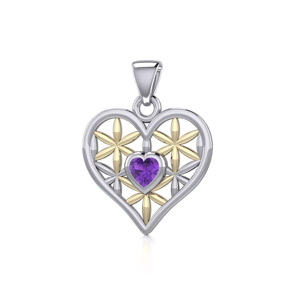 Silver and Gold Geometric Heart Flower of Life Pendant with Gemstone MPD5282