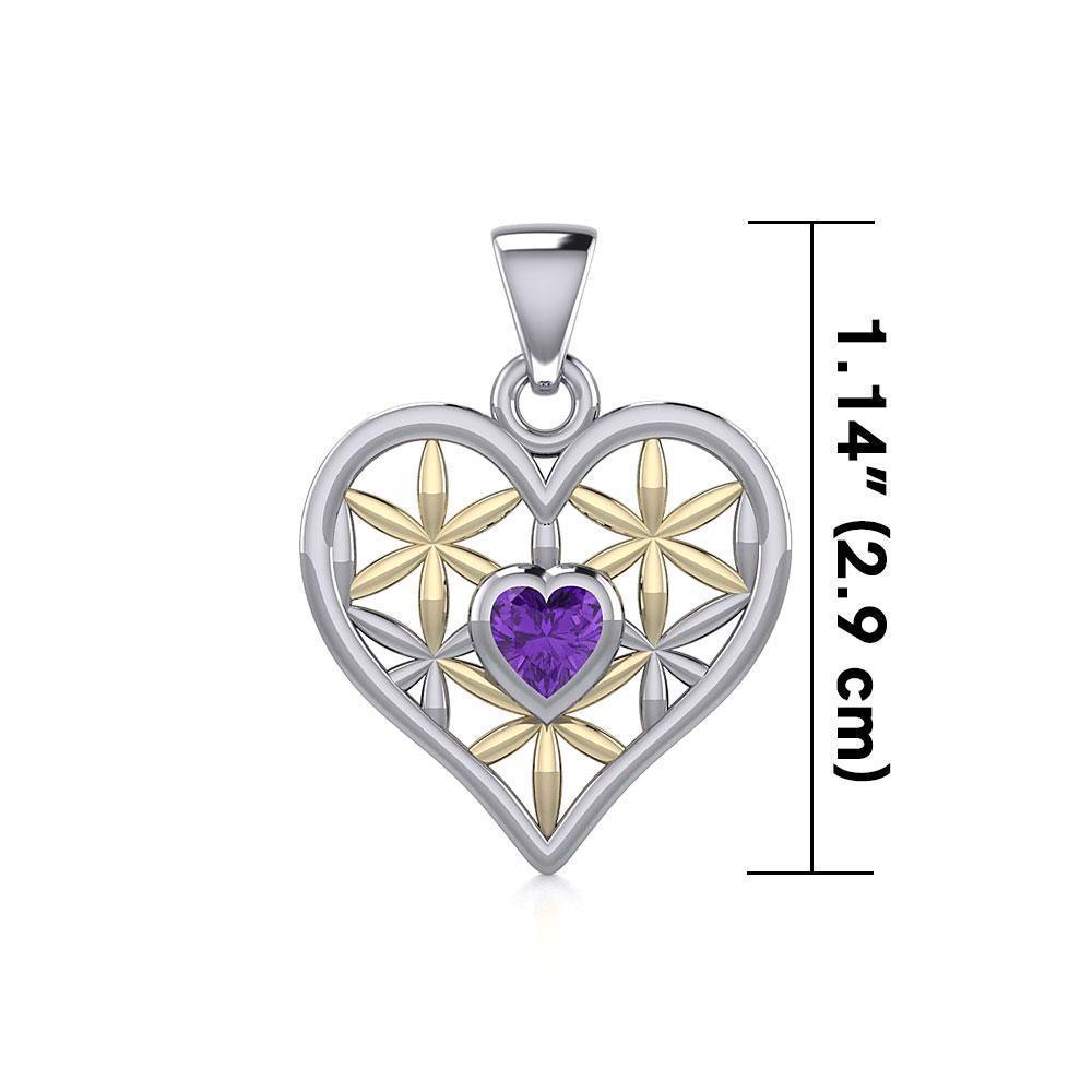 Silver and Gold Geometric Heart Flower of Life Pendant with Gemstone MPD5282