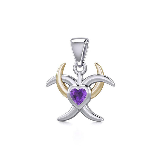 Silver and Gold Heart with Triple Moon Pendant with Gemstone MPD5283