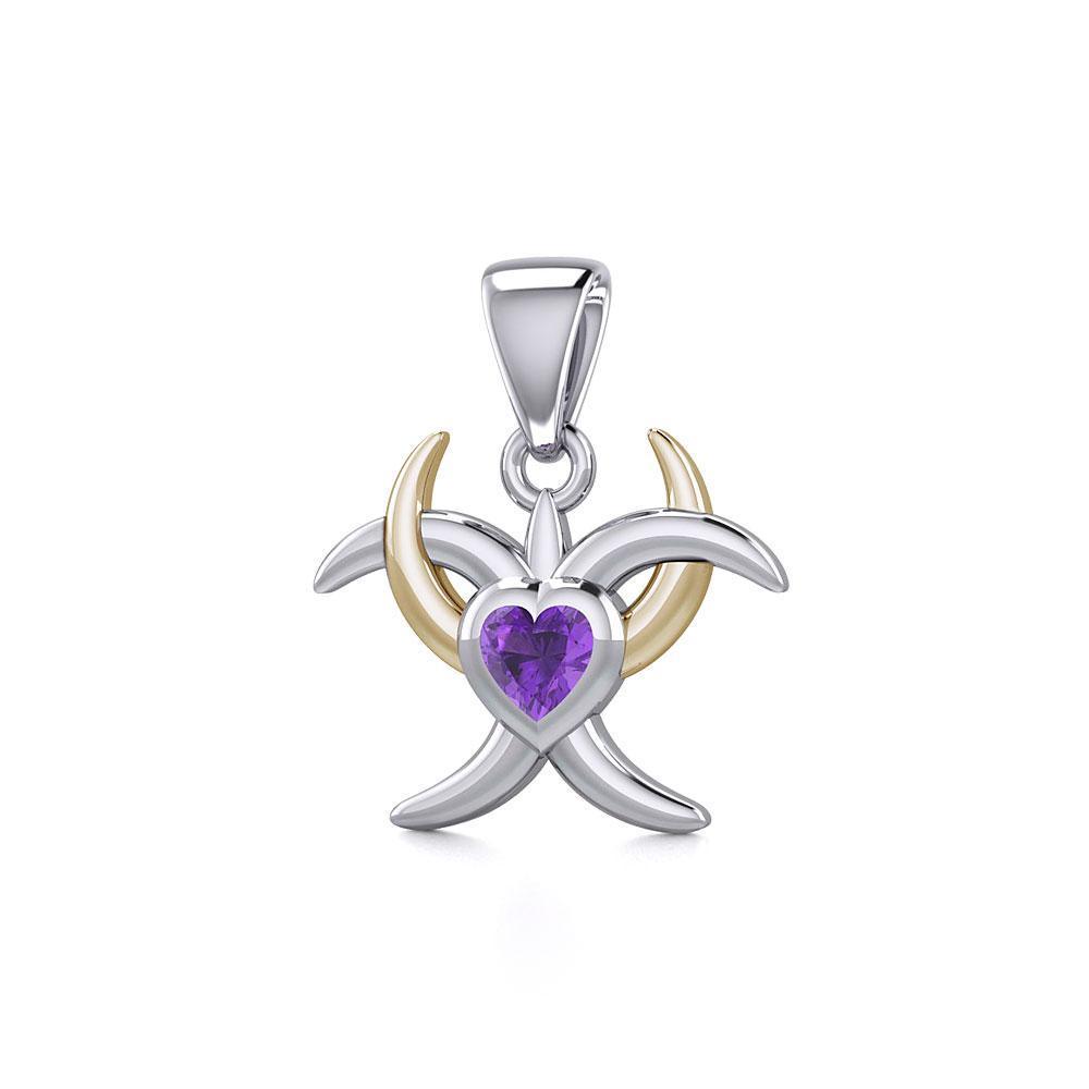 Silver and Gold Heart with Triple Moon Pendant with Gemstone MPD5283