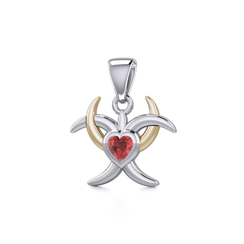 Silver and Gold Heart with Triple Moon Pendant with Gemstone MPD5283