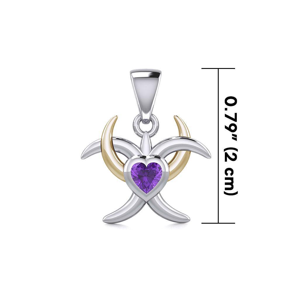 Silver and Gold Heart with Triple Moon Pendant with Gemstone MPD5283