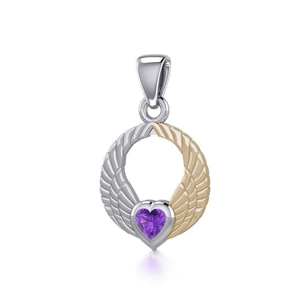 Double Angel Wings Silver and 14K Gold Plate Pendant with Gemstone MPD5286