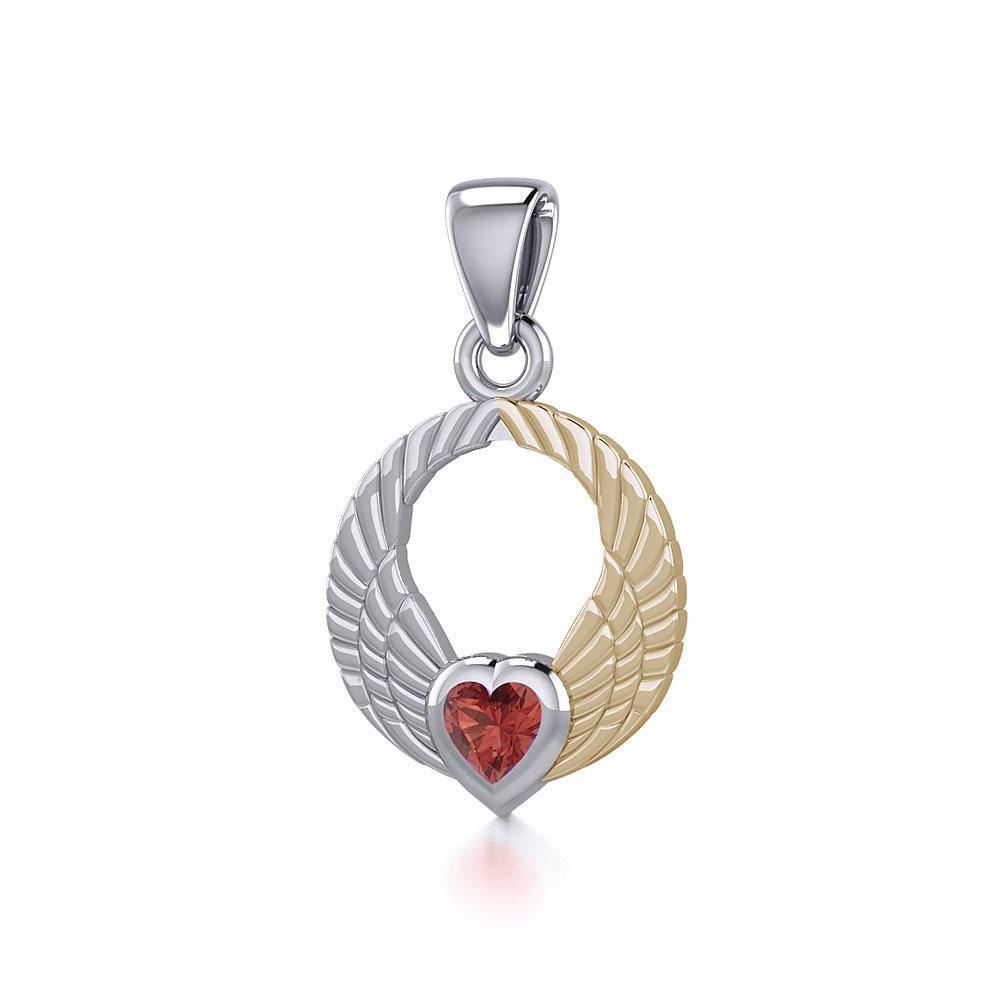 Double Angel Wings Silver and 14K Gold Plate Pendant with Gemstone MPD5286