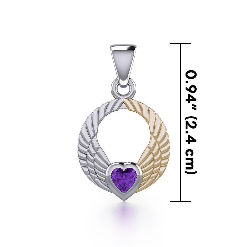 Double Angel Wings Silver and 14K Gold Plate Pendant with Gemstone MPD5286