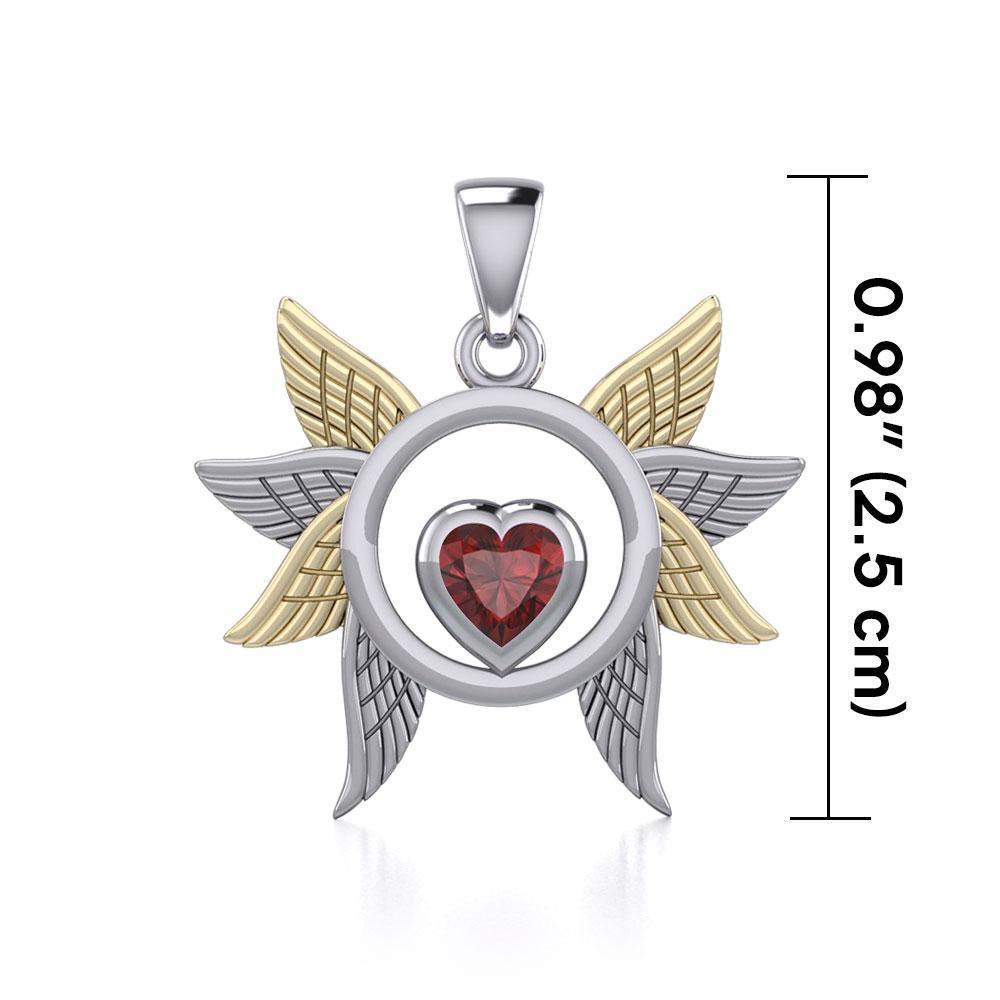 Spreading Angel Wings Silver and 14K Gold Plate Pendant with Gemstone MPD5289
