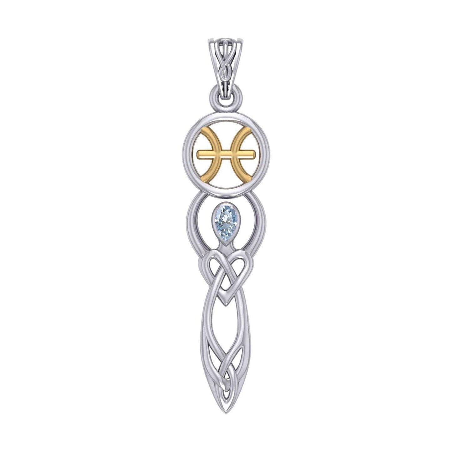 Celtic Goddess Pisces Astrology Zodiac Sign Silver and Gold Accents Pendant with Aquamarine MPD5934