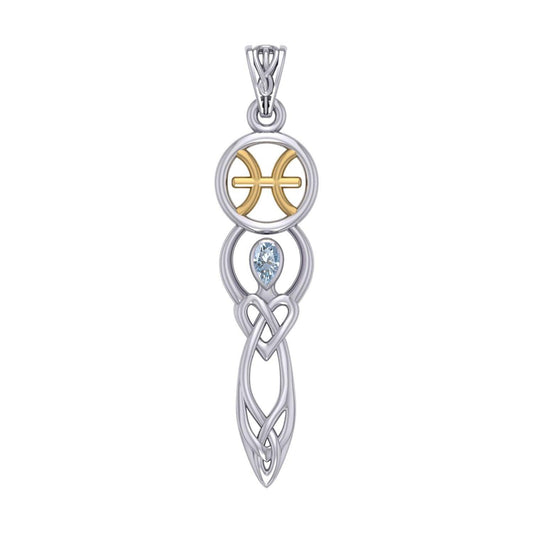 Celtic Goddess Pisces Astrology Zodiac Sign Silver and Gold Accents Pendant with Aquamarine MPD5934