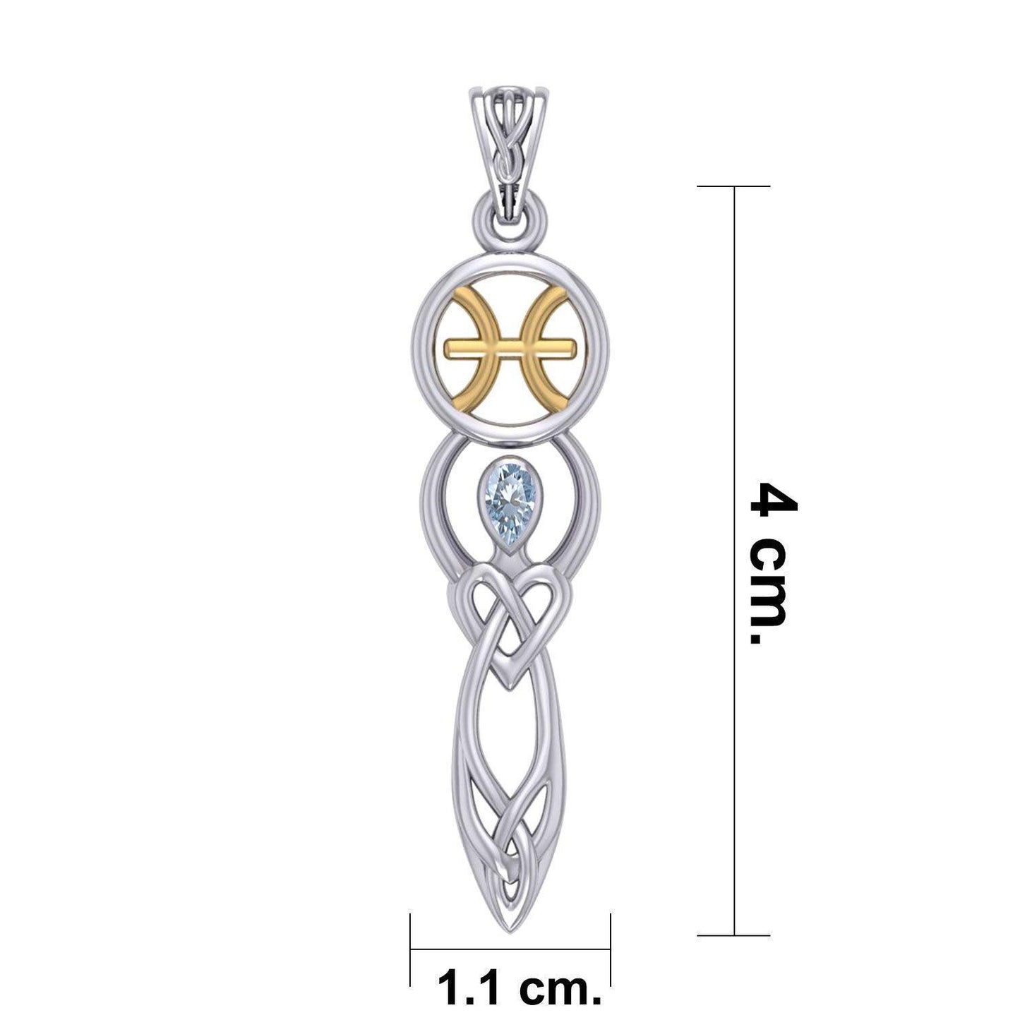 Celtic Goddess Pisces Astrology Zodiac Sign Silver and Gold Accents Pendant with Aquamarine MPD5934