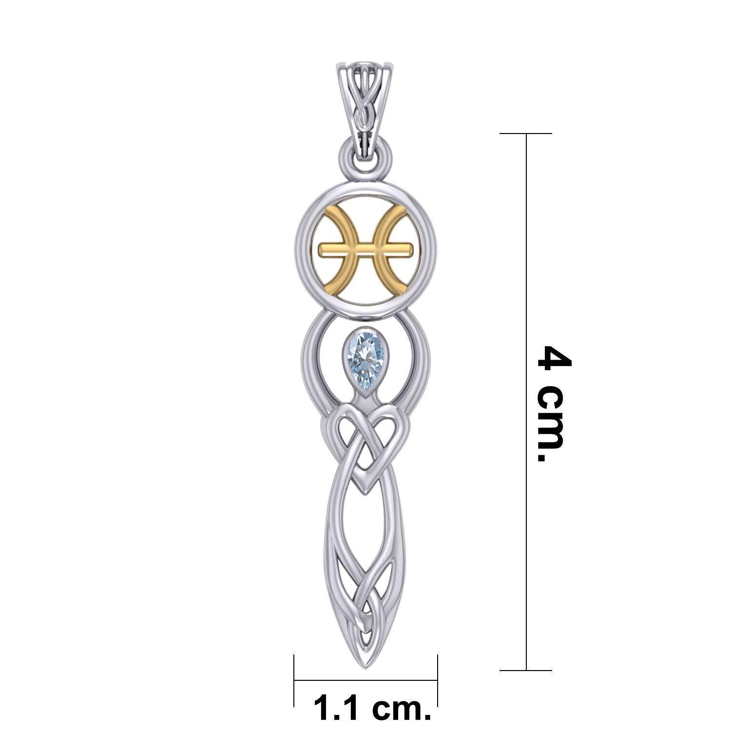 Celtic Goddess Pisces Astrology Zodiac Sign Silver and Gold Accents Pendant with Aquamarine MPD5934