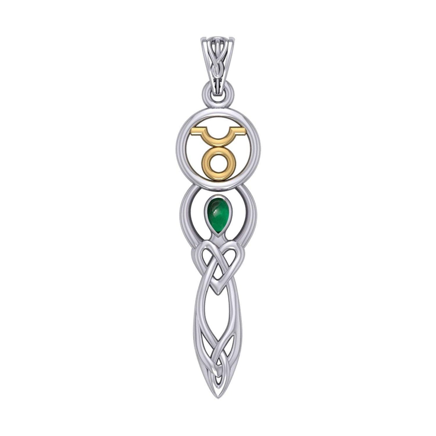 Celtic Goddess Taurus Astrology Zodiac Sign Silver and Gold Accents Pendant with Emerald MPD5936
