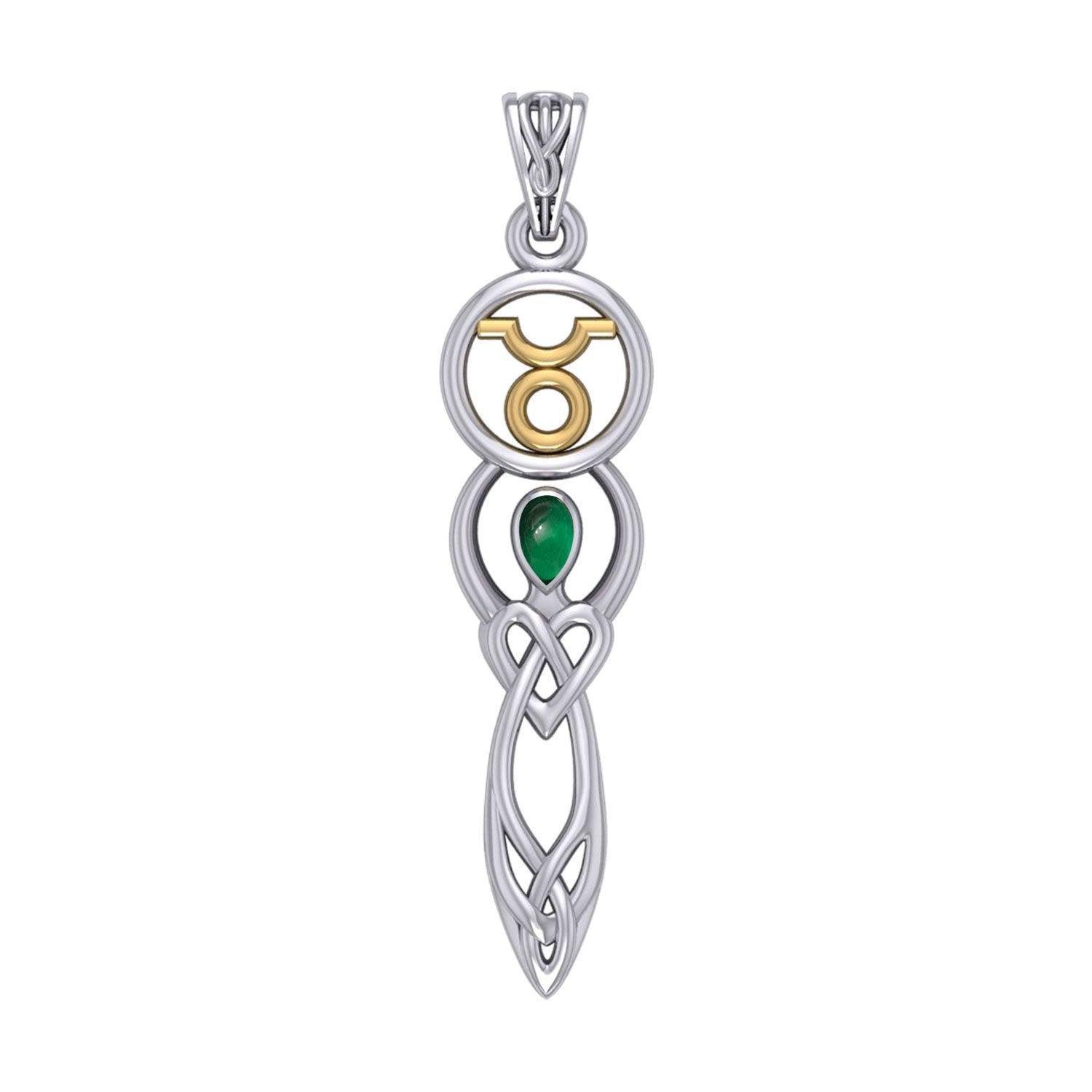 Celtic Goddess Taurus Astrology Zodiac Sign Silver and Gold Accents Pendant with Emerald MPD5936