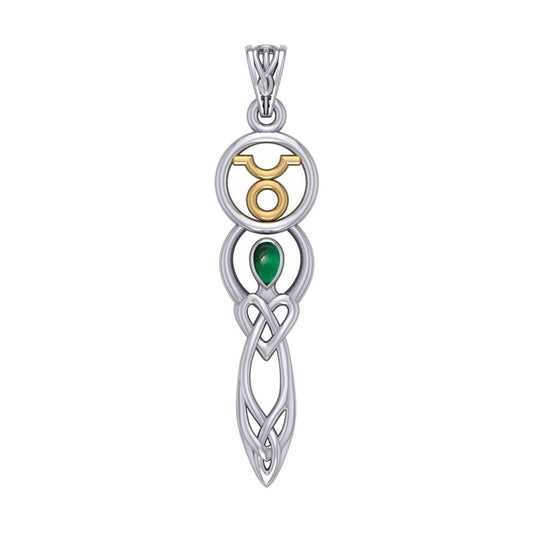 Celtic Goddess Taurus Astrology Zodiac Sign Silver and Gold Accents Pendant with Emerald MPD5936