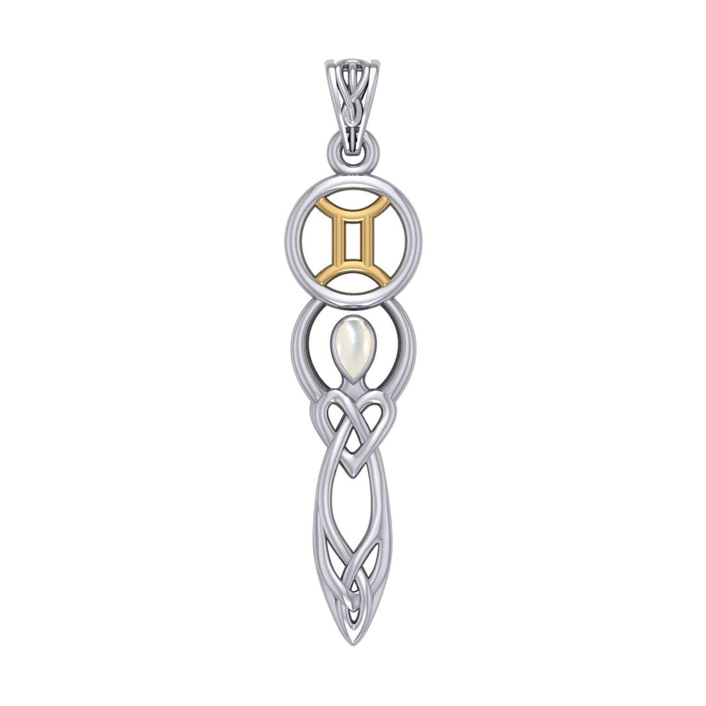 Celtic Goddess Gemini Astrology Zodiac Sign Silver and Gold Accents Pendant with Mother of Pearl MPD5937