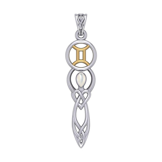 Celtic Goddess Gemini Astrology Zodiac Sign Silver and Gold Accents Pendant with Mother of Pearl MPD5937
