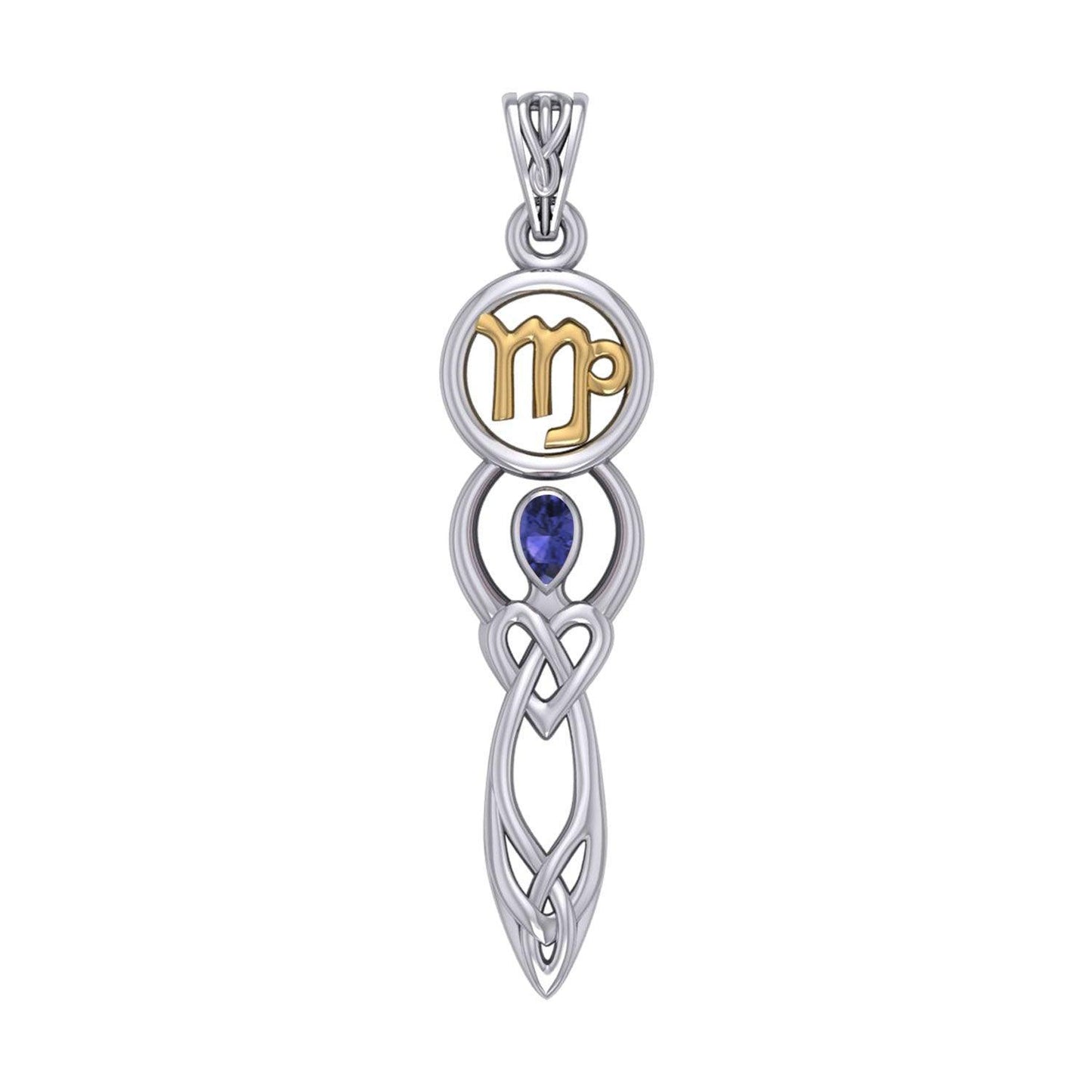 Celtic Goddess Virgo Astrology Zodiac Sign Silver and Gold Accents Pendant with Created Sapphire MPD5940
