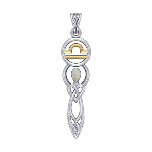 Celtic Goddess Libra Astrology Zodiac Sign Silver and Gold Accents Pendant with Opal MPD5941
