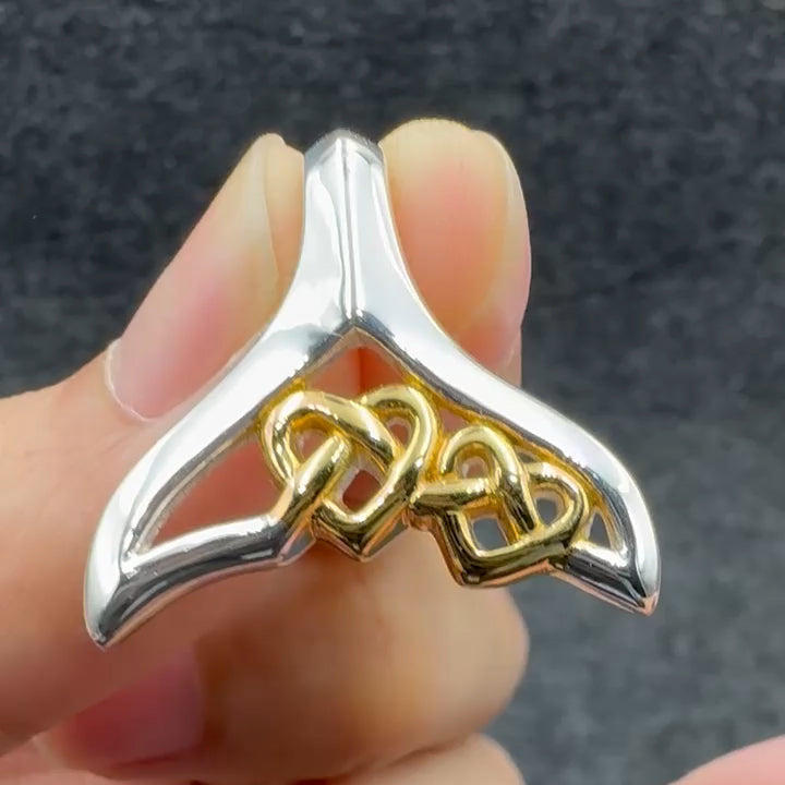 Celtic Whale Tail And Double Heart Silver With 14K Gold Accent Pendant MPD6054
