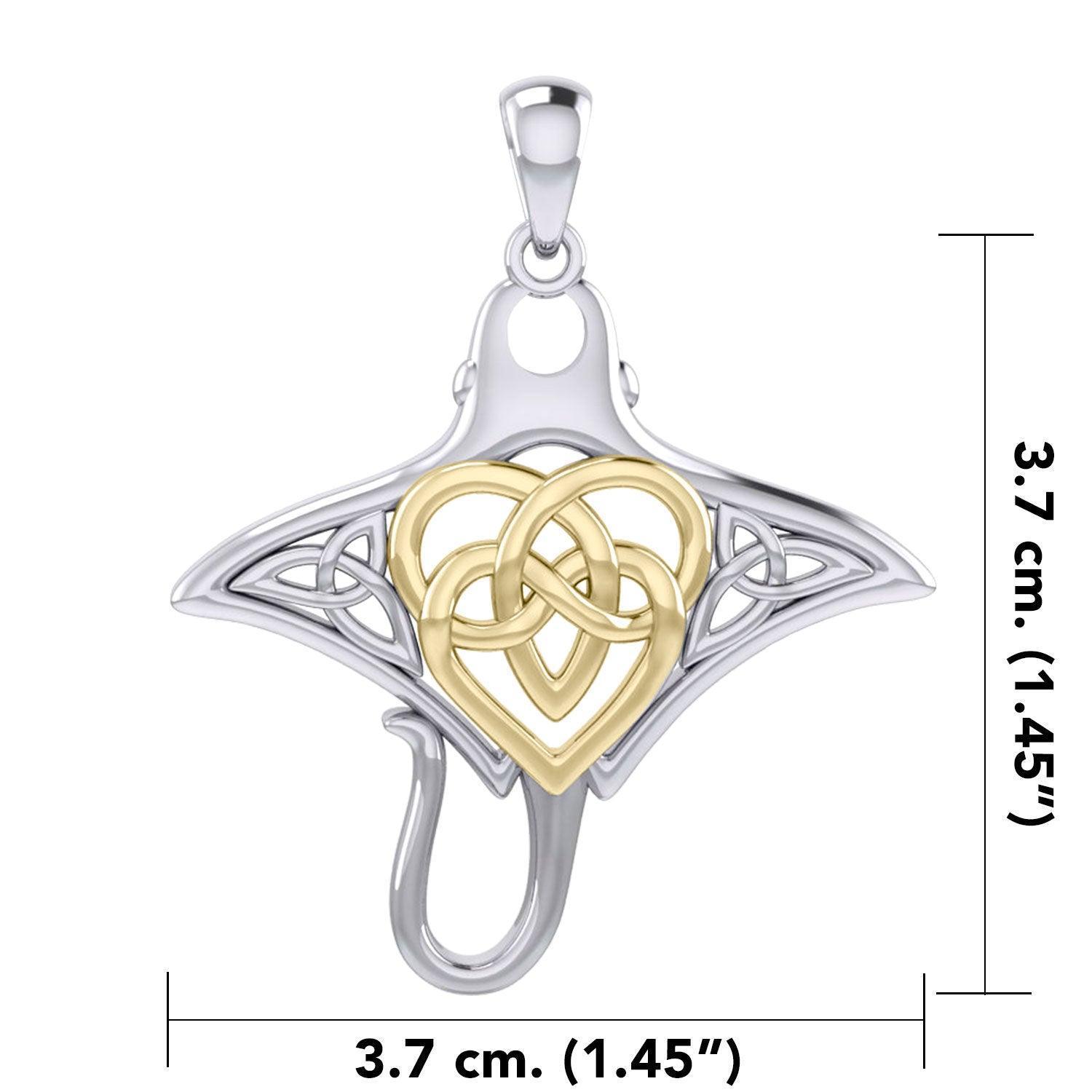 Manta Ray with 14K Gold Accent Celtic Heart in the Center Silver Pendant MPD6059
