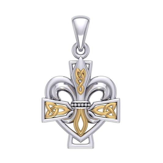 A powerful combination of Celtic elements ~ Sterling Silver with 14K Gold accent Jewelry Pendant in Fleur-de-Lis and Celtic Cross MPD6068