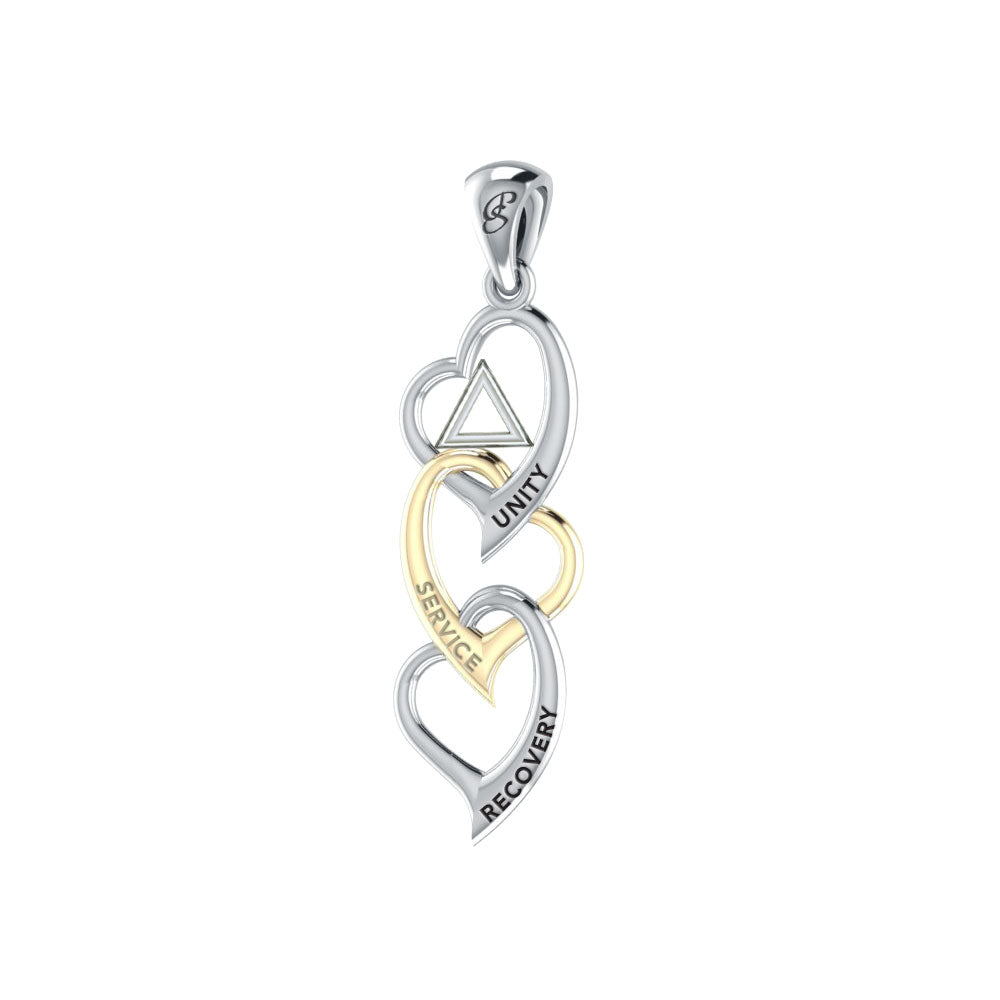 Triple Heart AA Recovery Sterling Silver with 14K Gold Accents Pendant MPD6372