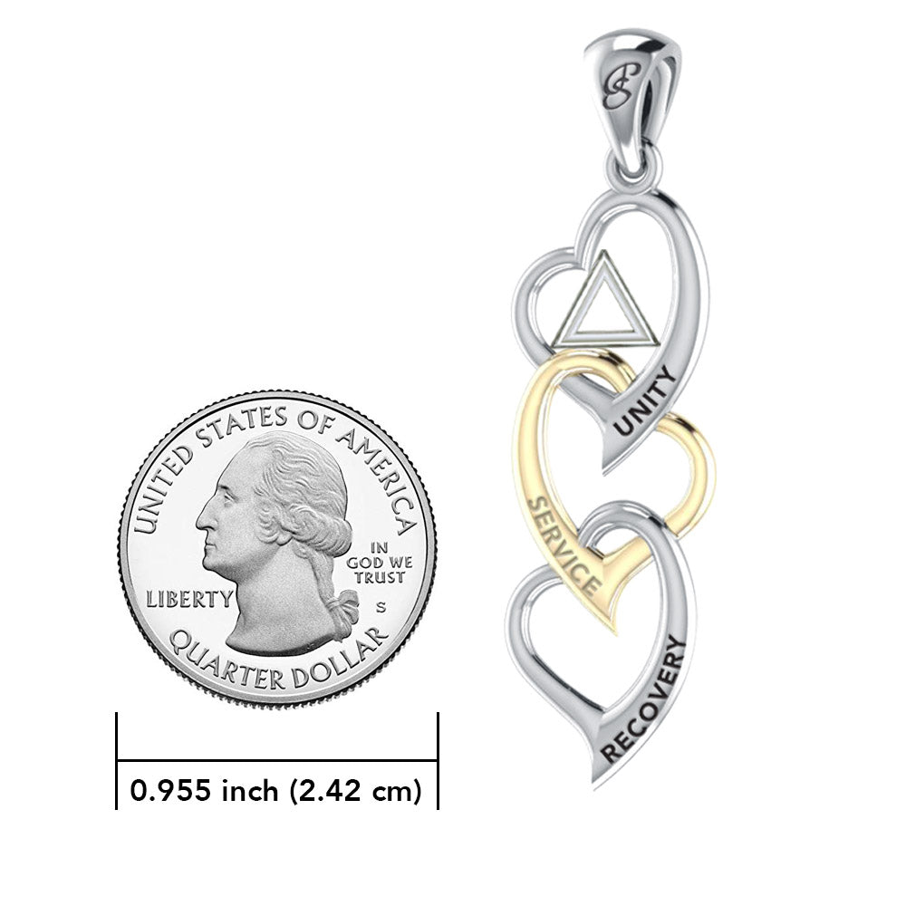 Triple Heart AA Recovery Sterling Silver with 14K Gold Accents Pendant MPD6372