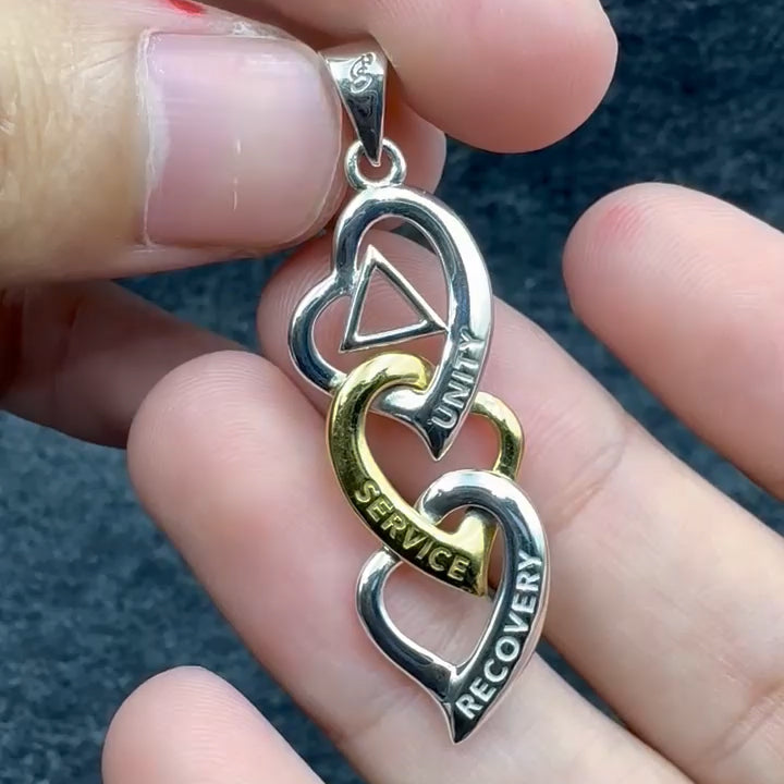 Triple Heart AA Recovery Sterling Silver with 14K Gold Accents Pendant MPD6372