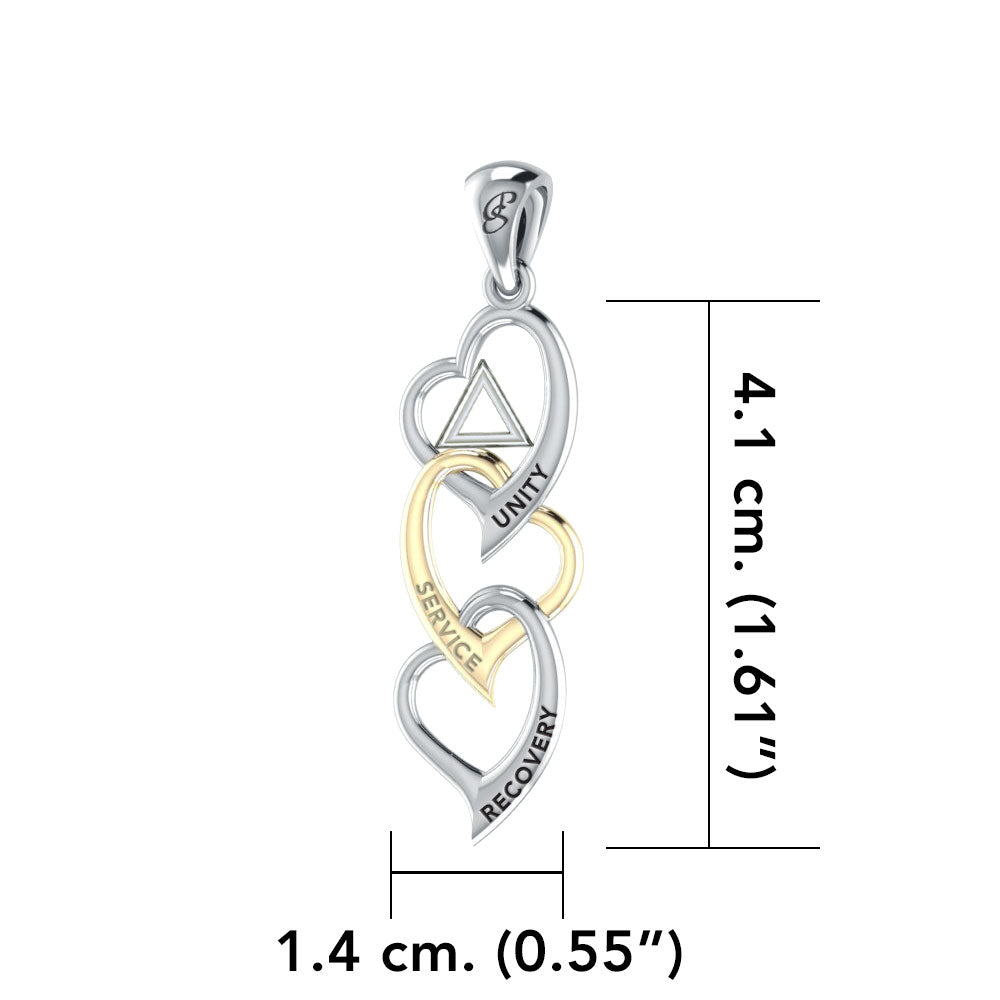 Triple Heart AA Recovery Sterling Silver with 14K Gold Accents Pendant MPD6372