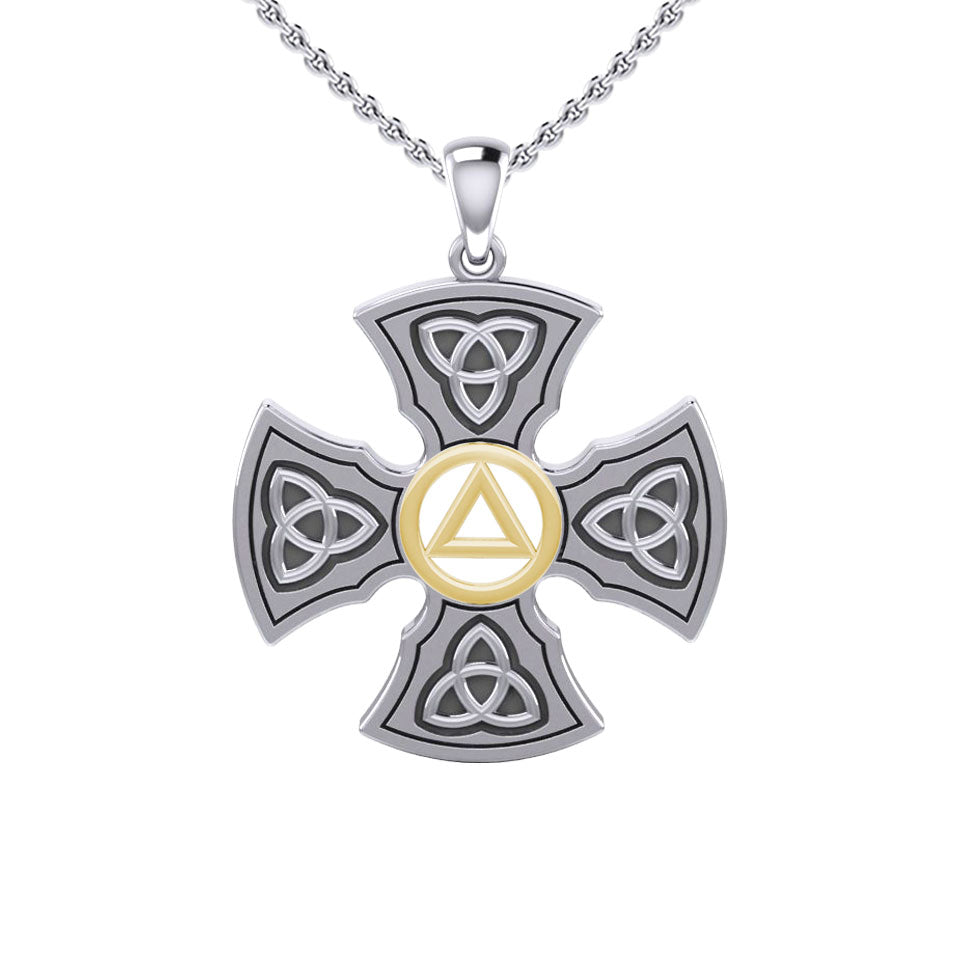 Templar Cross with AA Symbol Sterling Silver with 14K Gold Accent Pendant MPD6376