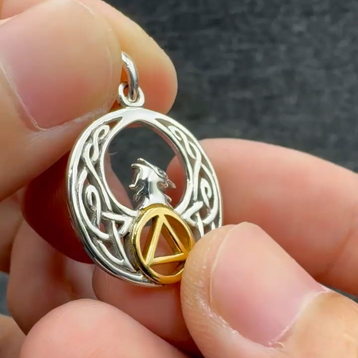 Celtic Phoenix with AA Recovery Symbol Sterling Silver with 14K Gold Accent Pendant MPD6431