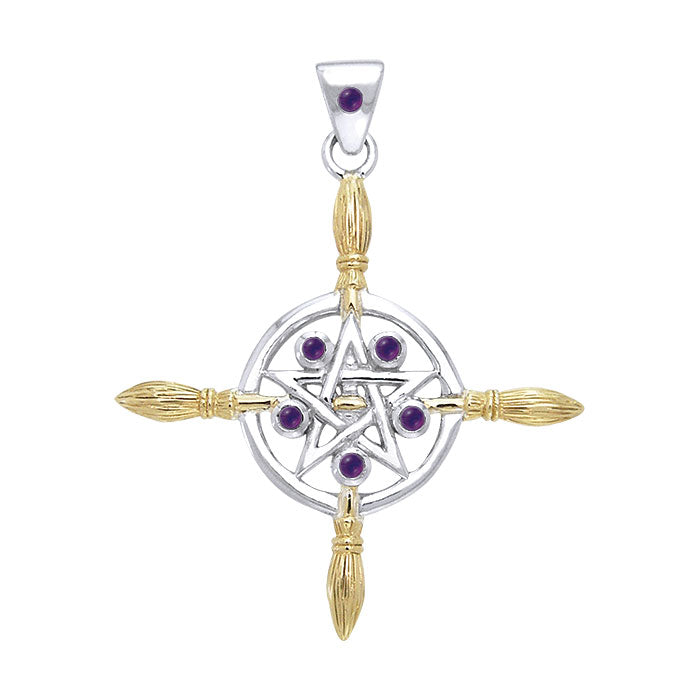Broomstick & Pentacle silver with 18K Gold Accents Pendant MPD686