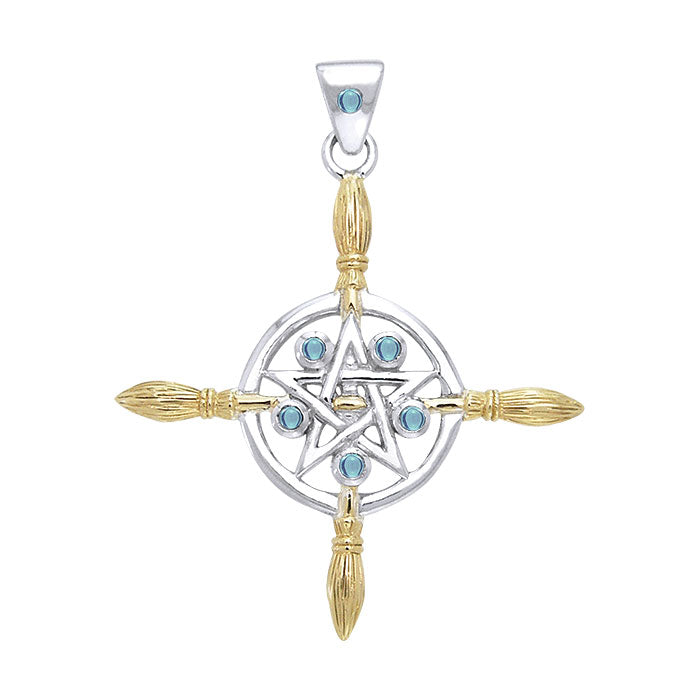 Broomstick & Pentacle silver with 18K Gold Accents Pendant MPD686