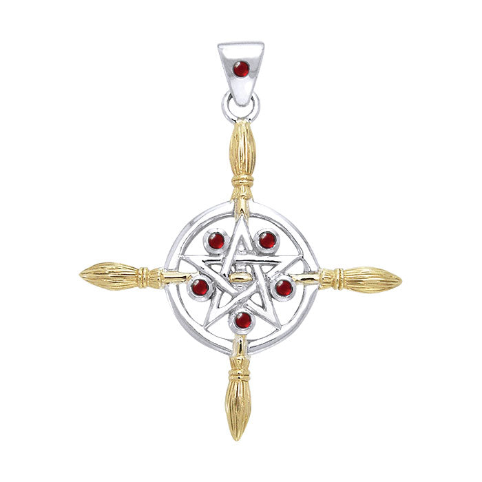 Broomstick & Pentacle silver with 18K Gold Accents Pendant MPD686