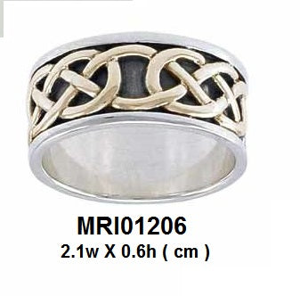 Intertwined eternity in all directions ~ Celtic Knotwork Sterling Silver With 14K Gold Accent Ring MRI1206