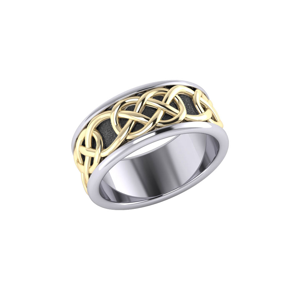 Intertwined eternity in all directions ~ Celtic Knotwork Sterling Silver With 14K Gold Accent Ring MRI1206