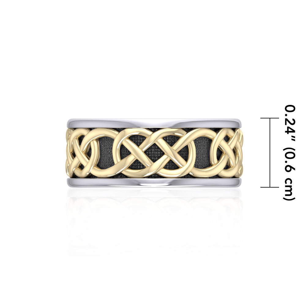 Intertwined eternity in all directions ~ Celtic Knotwork Sterling Silver With 14K Gold Accent Ring MRI1206