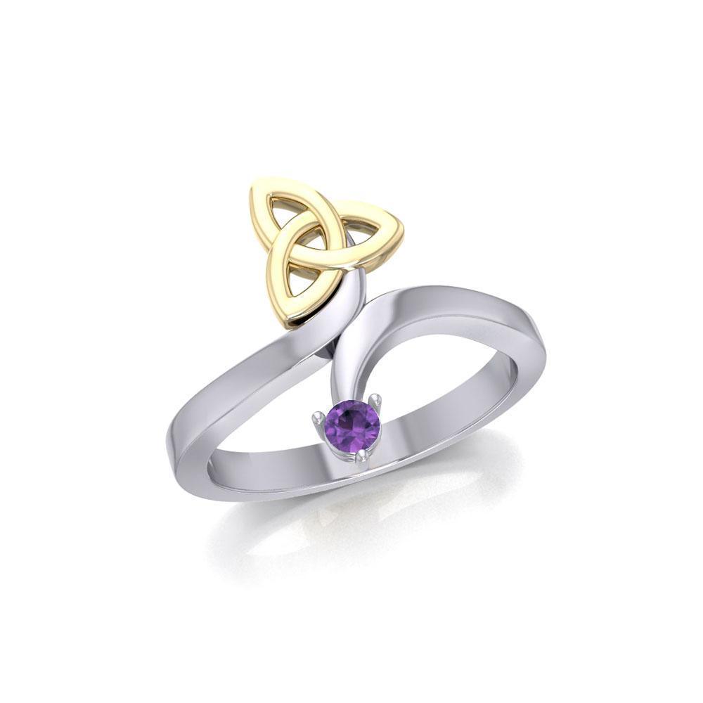 Celtic Trinity Knot with Round Gem Silver and Gold Ring MRI1788