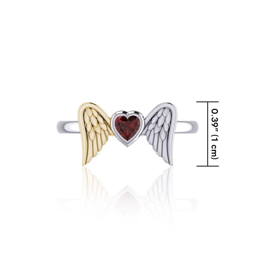 Heart Gemstone and Double Angel Wings Silver and Gold Ring MRI1839